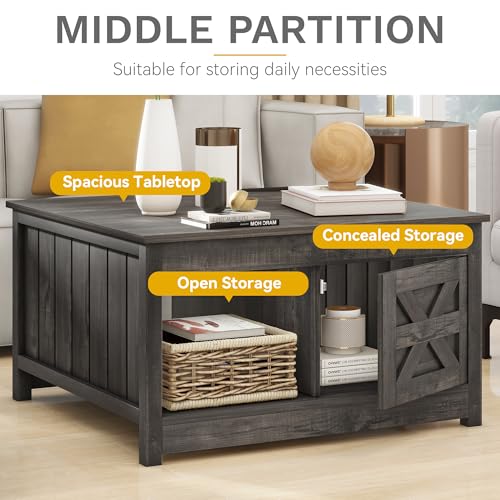 DWVO Farmhouse Coffee Table with Storage: Wooden Square Center Table with Sliding Barn Door, Small Living Room Table Dark Oak