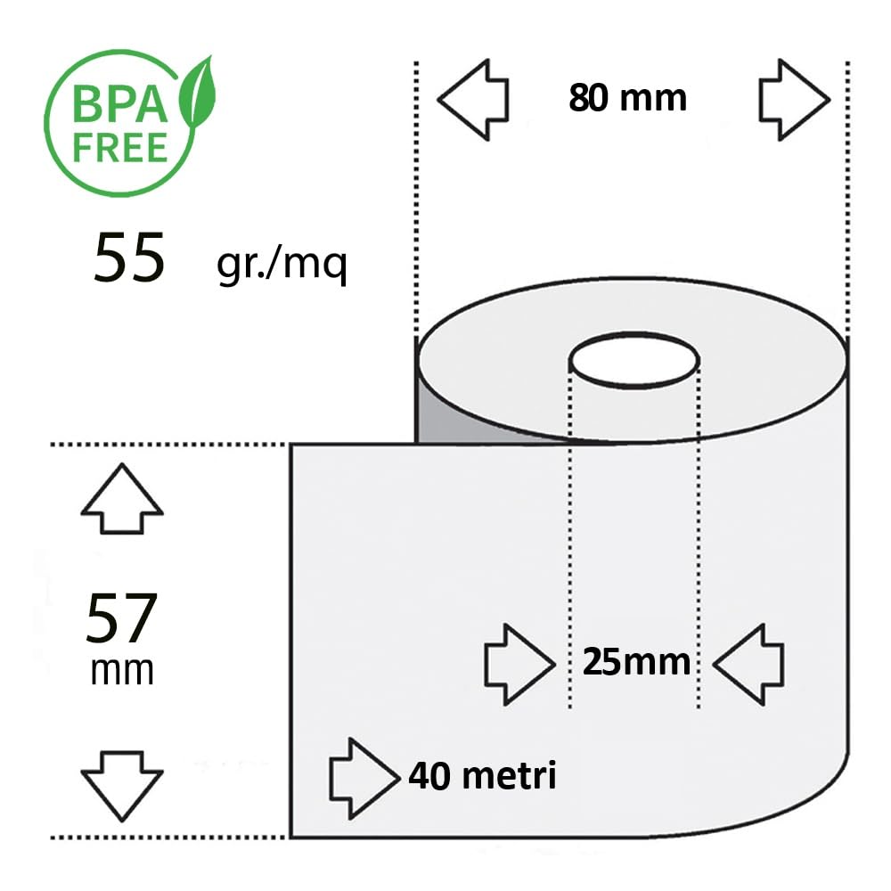 Cf.12 Rotoli Termici Adesivi mm 57x40 mt Omologati per Bilancia BPA Free