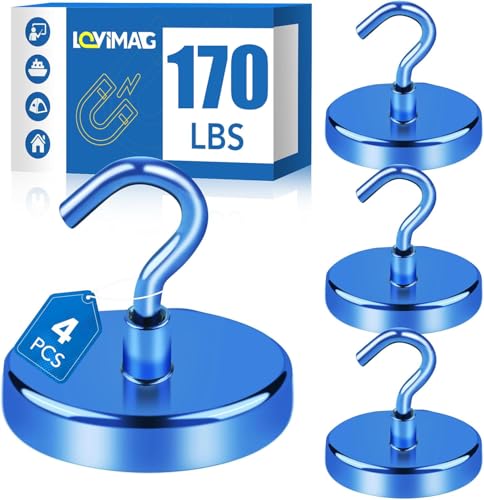 LOVIMAG Magnetic Hooks Heavy Duty, 170LBS Strong Magnets with Hooks for Cruise Cabins, Neodymium Magnet Hooks for Hanging, Blue Magnetic Hooks for Kitchen, Tool Room, Grill- 4 Pcs