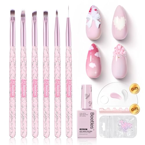 Image of Beetles Gel Polish Nail Art Brushes Set 6 Pcs Nail Brush and 8 ml Pink Painting Gel, Floral Pattern Handle Gradient Bristles Fingernail Art Pens DIY with Bowknot Accessories Manicure Design Tools Set