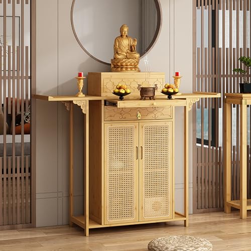 仏壇ニッチ 祭壇テーブル 竹製 収納付き テーブルトリビュート モダン 家庭用木製仏壇、引き出し付き、お香や祈りのための中国製リビングルーム、寝室、オフィス、アパートに適しています ウッド 160x40x119cm