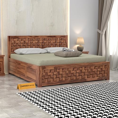 Image of NIWAR Sheesham Wood King Size Bed with Storage Box | Solid Wooden King Size Cot | Double Bed with Box for Home (Honey Finish)