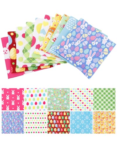 eZAKKA 10 Pack Easter Fabric Squares Set, Quilting Fabric Precut Spring Bunny Egg Carrot Printed Patchwork Fabric for Sewing, Quilt Blocks, DIY Crafting, Holiday Decor, 10 x 10 Inch
