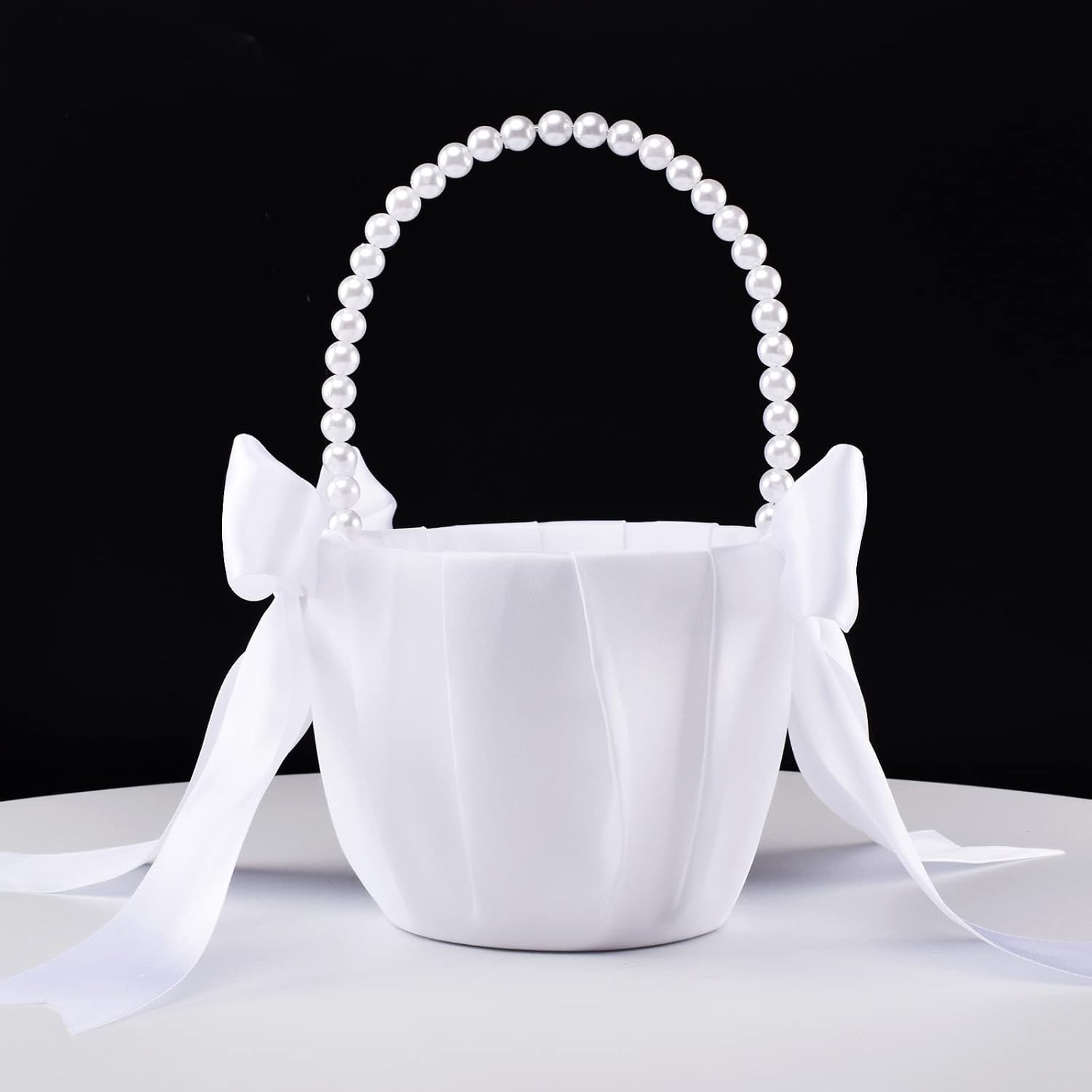 Flower Girl Basket White, Wedding Basket for Flower Girl | Satin Bowknot, Pearl Handle, for Wedding Ceremony
