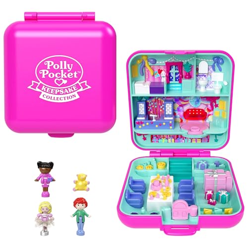 Polly Pocket nostalgisches Schatullen-Spielset zum 80. Jubiläum von Mattel, Hausschatulle mit 3 Puppen und 1 Tier, modischem Rock und Möbeln, Thema Feierspaß, JGK22