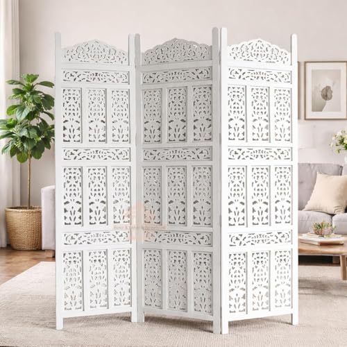 Image of Home & Goods International Wooden Room Divider Partition - Foldable Wood Screen Separator for Living Room, Bedroom, Office, Restaurant || Kangra Badrun Design, White (3 Panel)