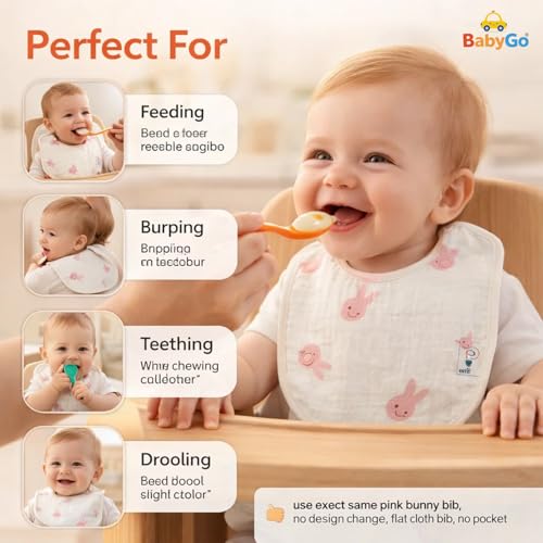 Image of BabyGo Muslin Bib Set of 3 Ultra-Soft & Absorbent Bibs with Adjustable Snap Buttons | Breathable | 6 Layer Waterproof Backing for Drooling | Teething & Feeding | 0-24 Months | MultiColor (Pack of 3)