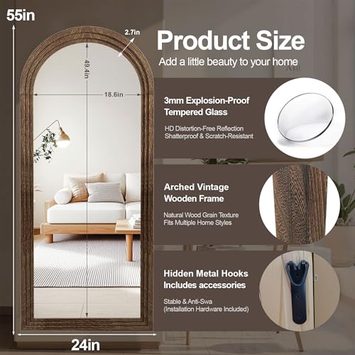 Delma Arched Full Length Floor Mirror with Stand, 55x24 Rustic Farmhouse Solid Wood Frame Wall Mirror for Bedroom, Living Room, Vertical Hanging & Standing(Brown) - Image 4