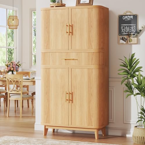 Image of HUAHUU 71 inch Pantry Cabinet with Drawer, Kitchen Pantry Storage Cabinet with 4 Doors, Modern Curved Storage Cabinets with 10 Large Storage Spaces for Dining Room, Living Room, Oak