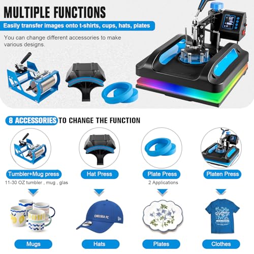 Leomru 5 in 1 Heat Press Machine, Heat Press 15x15, Multifunction T Shirt Press Machine, 360-Degree Swing Away Sublimation Heat Press Machine for T-Shirt Mugs Hat Cap Slide Out