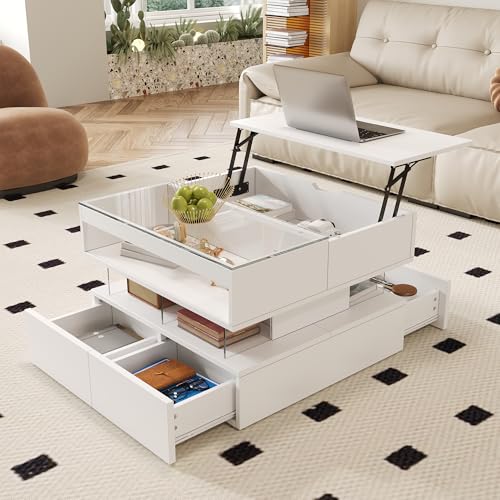 Merax Table basse réglable en hauteur 70 x 67 x 57 cm, plateau en verre, table de salon avec éclairage LED 16 couleurs, compartiments de rangement et...