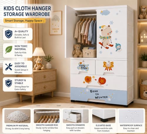 Image of Kids Plastic Wardrobe for Clothes Storage | Baby Cupboard & Almirah with Hanging Rod & Shelves | Portable Collapsible Storage Cabinet for Bedroom | Cartoon Kids Wardrobe