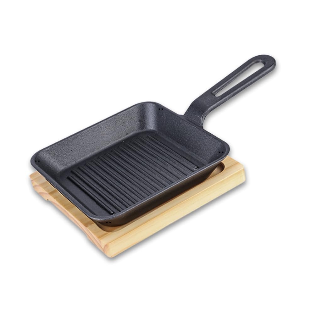 XINGKAIXI cast iron pan square pan with a handle, easy to use, with a wood-colored base (15.7cm*15.7cm)