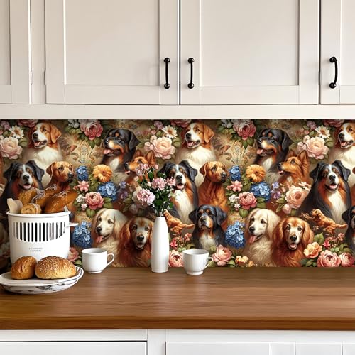Papier peint fleurs et chiens Livelynine 44,5x200,8 cm rouleau adhesif repositionnable pour mur