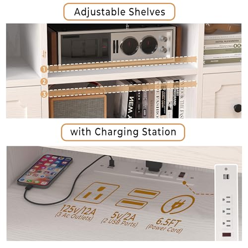 IRONCK TV Stand for 65 Inch TV, 55" LED Entertainment Center with Storage Cabinets, Power Outlets and Open Shelf, Media Console TV Cabinet with Drawers for Living Room, White