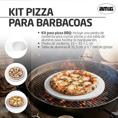 Amig – Pizza‑Set für Grill – Cordieritstein und Aluminiumplatte – Durchmesser Stein 33 cm – Durchmesser Platte 31,5 cm – Geeignet für Backofen und Grill – Mod. AM27