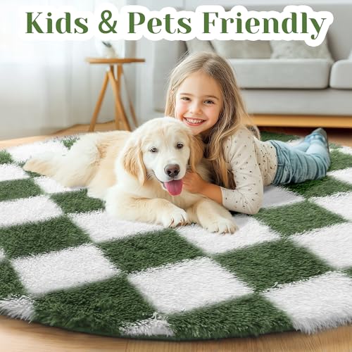 Image of KICMOR Round Rug 4ft Olive Green and White Circle Area Rug, Fluffy Soft Fuzzy Shag Shaggy Bedroom Living Room Carpet, Indoor Checkered Circular Rugs for Kids Boys Girls Home Decor Aesthetic, Nursery