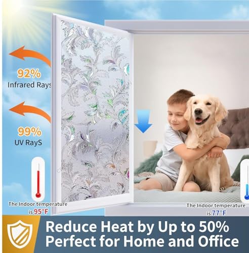 Image of CREON Window Film Decorative Leaves Pattern (24 X 120 Inch) Window Cling Frosted Reusable Anti-UV Non-Adhesive Static Cling Privacy Film for Home Office