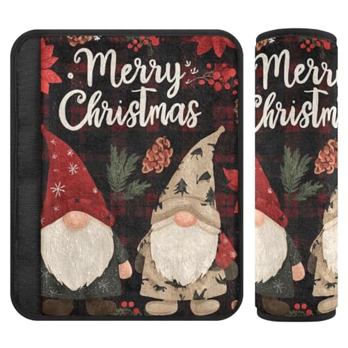 Image of Checkered Christmas Floral Gnomes Seat Belt Cover Pad 2 Pcs Soft Cute Seatbelt Covers Protector Support Head Neck Shoulder Strap for Car Seats High Chair Backpack for Adults Kids Women Men 10x7