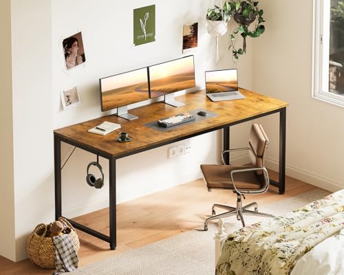 Image of Casaottima 63 Inch Computer Desk for Home Office, Study Writing Table for Small Spaces, Simple Modern Desk with Headphone Hooks, Rustic Brown