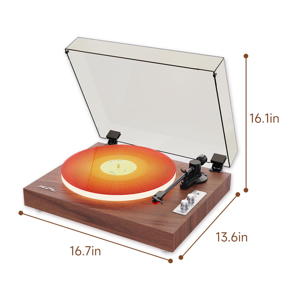 Giradischi Bluetooth con altoparlanti e piatto illuminato | Design vintage in legno con uscita RCA e ingresso da 3,5 mm, ideale per l'ascolto domestico e l'arredamento.