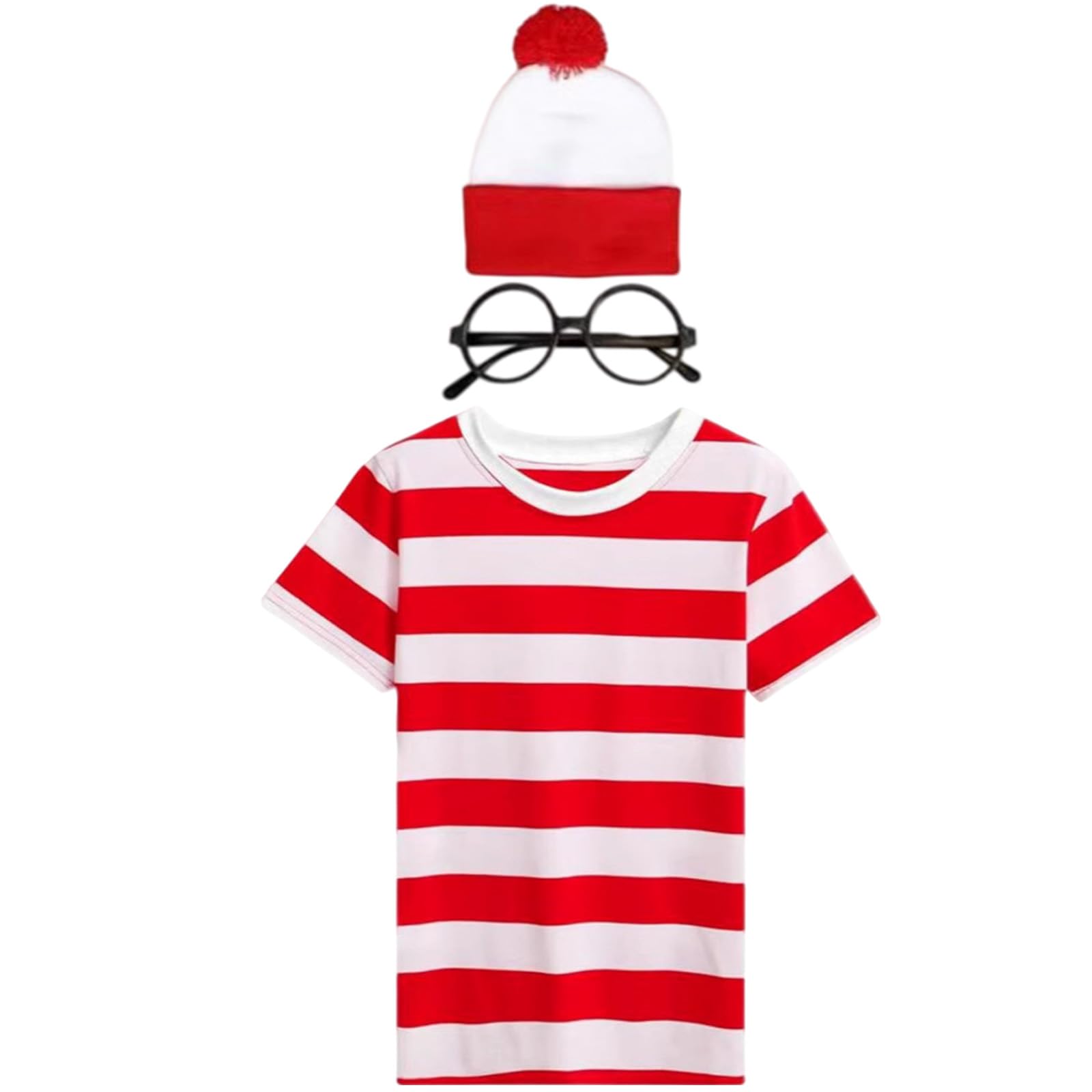 GWAWG Wheres Wally Costume Kids - Unisex Red White Striped T-Shirt + Hat + Glasses, World Book Day Costume for Boys Girls (120/130/140cm) (140)