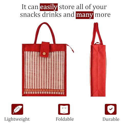 Image of Kuber Industries 3 Pcs Jute Medium Shopping Bag for Women with Handle | Multipurpose and Reusable Carry /Shopping Bag for Grocery | Lining Design - Red