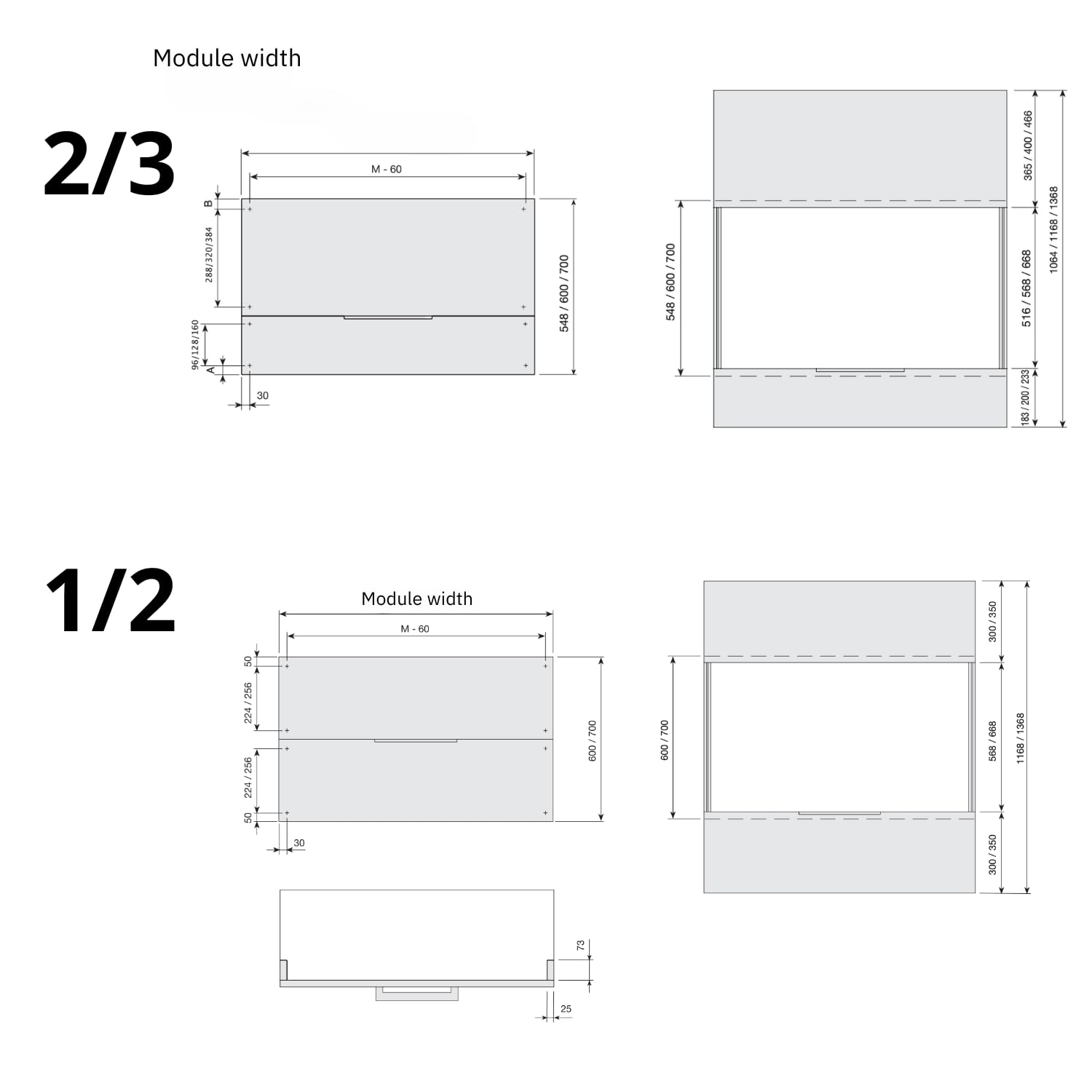 Evotrade Sistema deslizante VERTIKAL Indaux para 2 puertas, movimiento sincronizado con cierre suave amortiguado para módulos con altura 600 mm y 700 mm (1/2, 600)