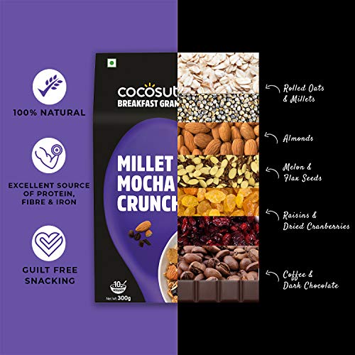 Image of Cocosutra Millet Mocha Crunch Breakfast Granola - 300 g | High Protein Cereal with Oats, Nuts, Seeds and Dry Fruits | Lightly sweetened with Jaggery (Pack of 2)