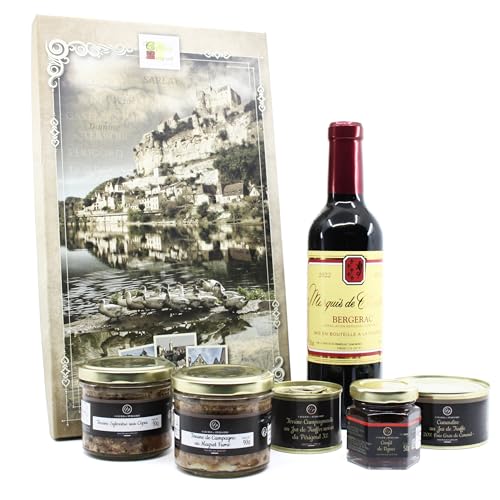 Cellier du Périgord Coffret Sarlat Panier Gourmand avec Terrines Truffe, Foie Gras, Vin AOC Bergerac Rouge - Coffret Cadeau Gastronomique Périgord 6 Produits Terroir
