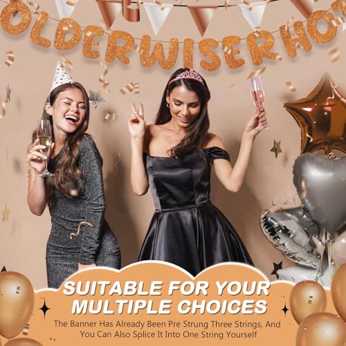 Image of Fulmoon Set of 3 Pre Strung Older Wiser Hotter Glitter Banner Funny Birthday Banner for Women 30th 40th 50th 60th 70th 80th Birthday Party Decorations Sign Gift(Orange)