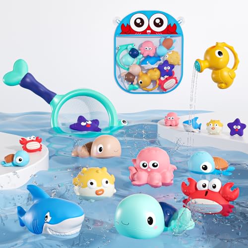 Image of XAWACAH Bath Toy for Toddlers 6-12-18 Months, No-Hole Bathtub Toys with Baby Bath Animals, Wind-Up Turtles, Fishing Net & Storage Bag, Floating Toys for Toddlers 1-3 Year Old Boys Girls (11 Pack)