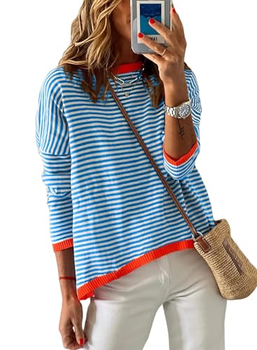 Image of Womens Striped Lightweight Cotton Sweaters Long Sleeve Crew Neck Color Block Casual Knitted Pullover Tops
