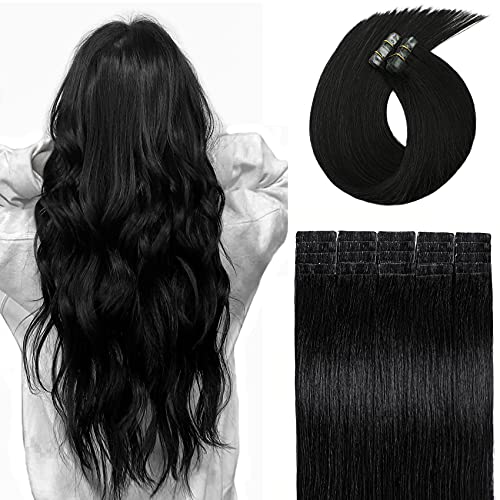 Tape in Hair Extensions 20 Inch, 100% Remy Human Hair, Natural Seamless Long Silk Straight #1 Jet Black 50g 20pcs Hair Extensions 8A Grade.