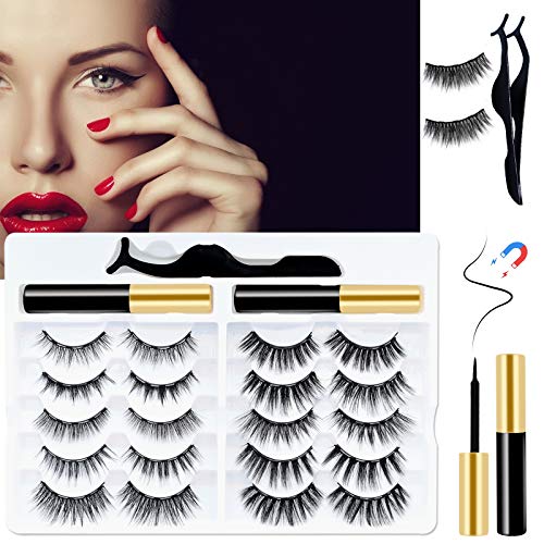 Orimi Magnetic Eyelash Kit with Eyeliner, 10 Pairs 3D Magnetic Eyelashes & 2 Tubes Magnetic Eyeliner, Reusable Faux Mink Lashes with Applicator Tool, No Glue Need & Easy to Wear