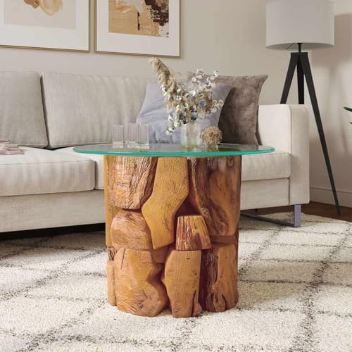 QINXIXINAIXI Mesa de centro de madera flotante maciza con tablero de vidrio templado - Mesa auxiliar rústica para instalaciones modernas y clásicas