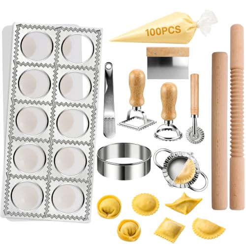 Image of 11 Pieces Ravioli Mold Set, Easy-to-Use Ravioli Maker Press with Ravioli Cutter Wheel, Pasta Cutter & Ravioli Making Kit, Wooden Pasta RollerPasta Making Tools for home，pasta lover