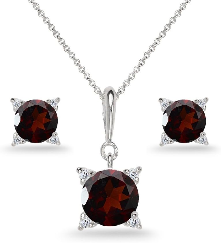 Sterling Silver Genuine or Synthetic Gemstone Studded Solitaire Necklace & Stud Earrings Set