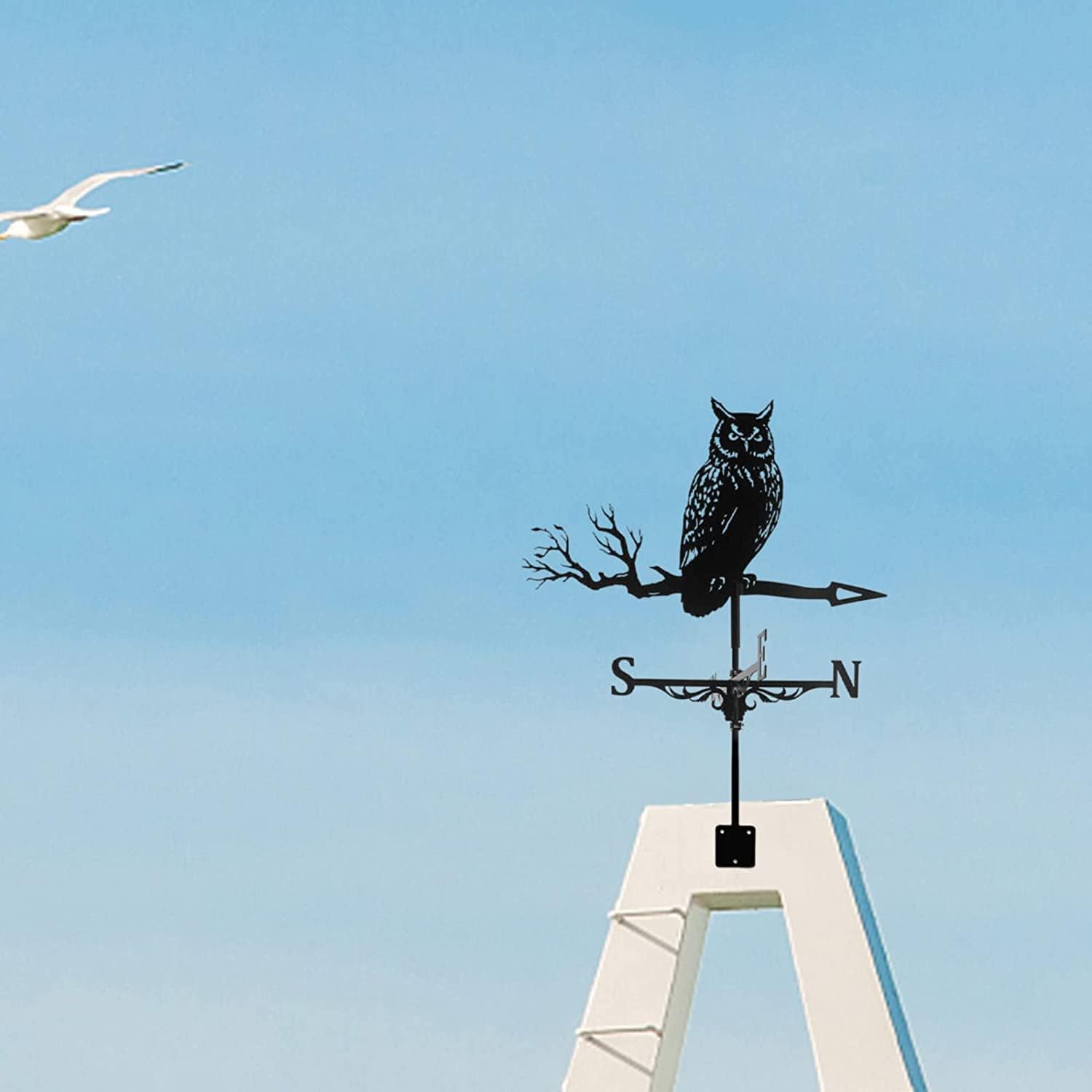3D Animal Metal Weather Vane, Wind Direction Indicator, Garden Patio Roof Decoration (Owl)