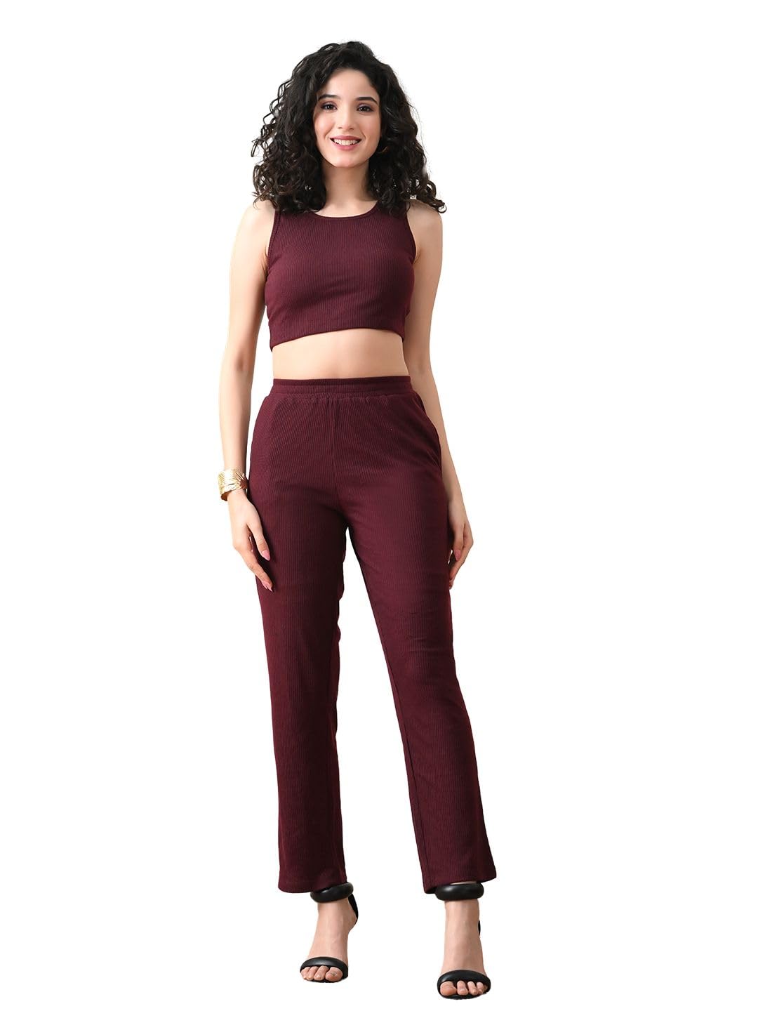 Women's Maroon Ribbed Sleeveless Co-ord Set | Stylish Crop Top & High-Waist Pants-image-36