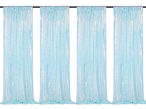 Image of Sequin Backdrop Curtains 4 Pieces 2ftx8ft Mermaid Blue Sparkly Background Fabric for Under The Sea Little Mermaid Birthday Party