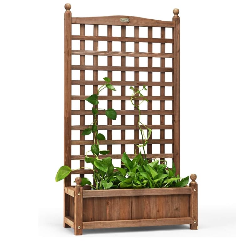 HOMASIS Fioriera Rialzata con Grigliato in Legno, Fioriera con Spalliera con Fori di Drenaggio, Vaso Rettangolare per Piante Rampicanti, Verdure, Erbe (64 x 28 x 120 cm)
