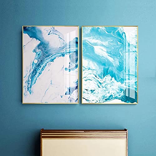 Toile bleu aquarelle abstraite pour décoration salon moderne set de 2 affiches 60x90cm
