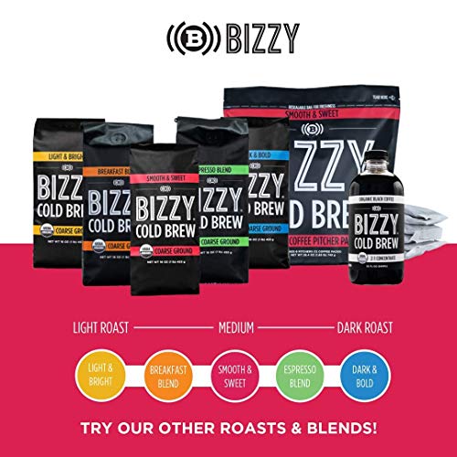 Bizzy Organic Cold Brew Coffee | Bundle | Coarse Ground Coffee | Smooth & Sweet 1 Lb + Smooth & Sweet Pitcher Pack 4-Count | 2 Pack #TOP7