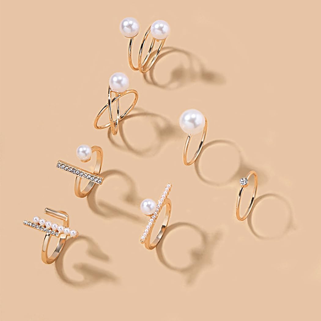 Dainty Pearl Ring Set for Women Sparkly Crystal White Beads Stackable Rings image 5