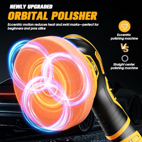 Image of Cordless Car Buffer Polisher kit, DA Polisher with 2 Batteries | 2x 21V 4000mAh Batteries, 6-speed, LED Display, Random Orbital, 18 pcs Assorted Polishing Pads for Car Detailing-Yellow