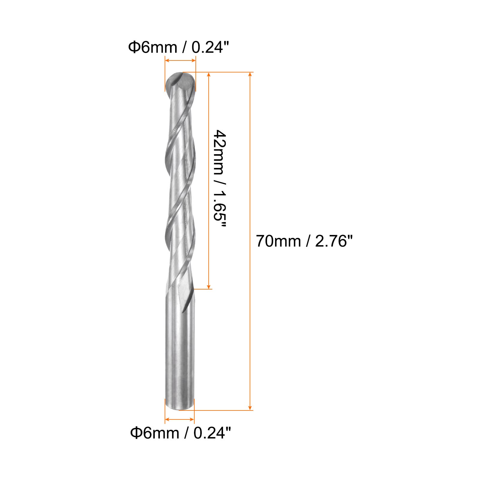 sourcing map Fraise en bout à bec sphérique 6 mm de diamètre 42 mm longueur de coupe 6 mm tige haute vitesse acier 2 cannelures spirale Upcut CNC Router Bits