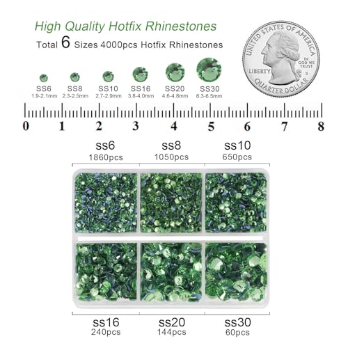 Image of BEADSLAND Hotfix Rhinestones, 4000 PCS Light Green Rhinestones for Clothes Crafts Mixed 6 Sizes with Wax Pencil and Tweezers Kit, SS6-SS30, Peridot