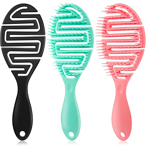 3 Pieces Vented Detangling Brush Detangler Brush Curved Detangling Hair Brush Curved Vented Styling Hair Comb Wet Hair Brush Fast Blow Drying Hair Brush for Wet, Long Hair (Black, Light Pink, Green)