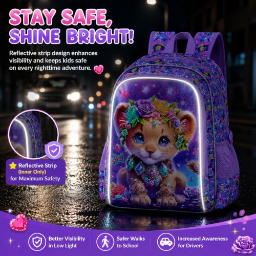 Image of 3Pcs Backpack for Girls, 16 inch Kids Bookbag with Lunch Box,Lion School Backpacks for Elementary Preschool Kindergarten (Purple)